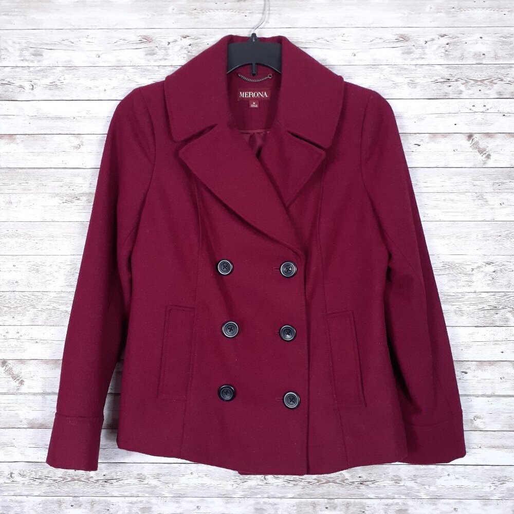 Merona Womens Wool Pea Coat M Double Breasted Magenta 738A